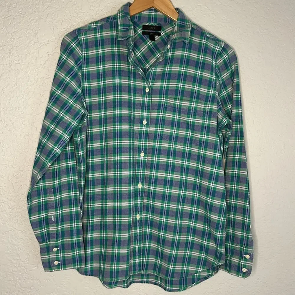 J. Crew Boy Shirt Green Blue Plaid Button Up Front Preppy Casual Western Farm